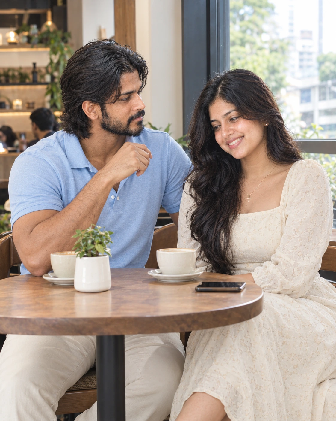 Shenaya and Dinusha sharing coffee at a café