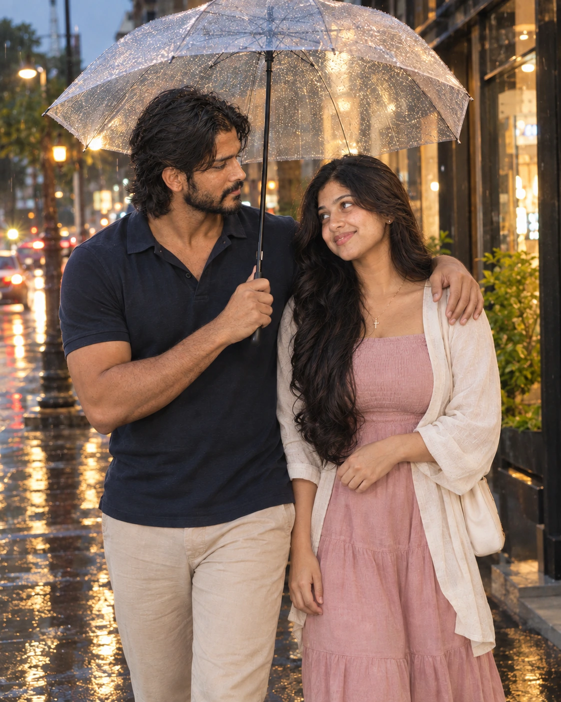 Shenaya and Dinusha standing together beneath an umbrella in the rain